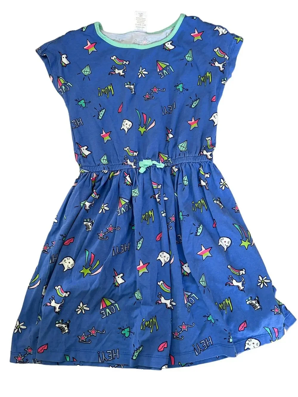 Gymboree Blue Dress with unicorns and cats rainbows size 7/8